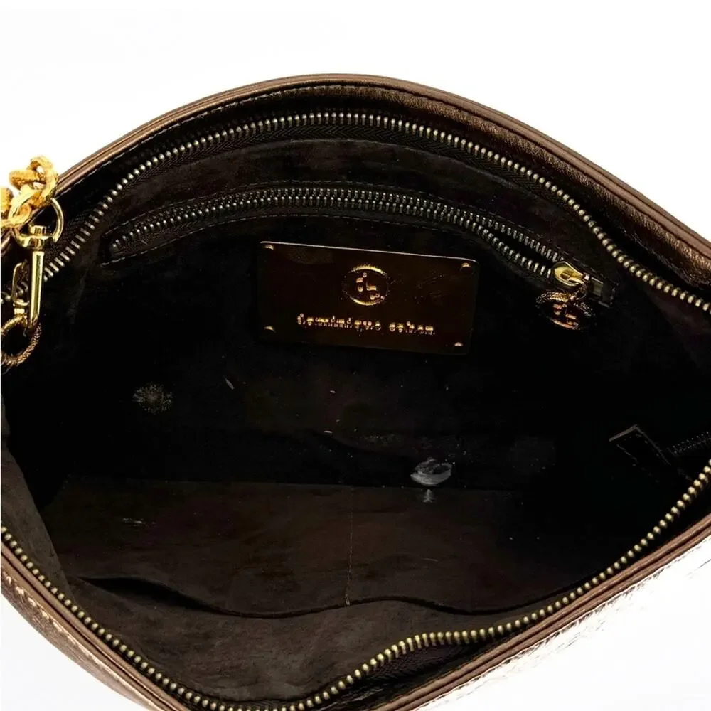 Dominique Cohen Metallic Copper Pleated Clutch‎ with Chain and Horn Detail OS